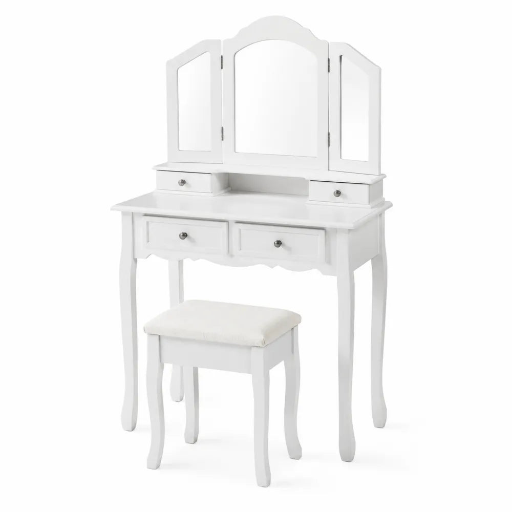 Toilette in Legno con Specchio Triplo e Sgabello in Tessuto Bianco