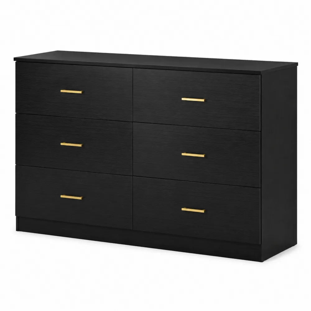 Cassettiera in legno nero con maniglie metalliche dorate