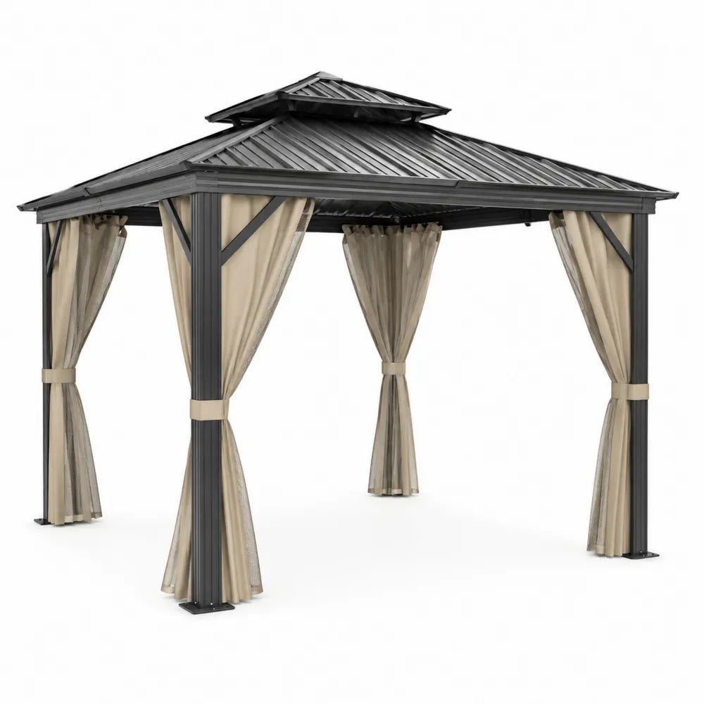 Gazebo in Alluminio con Tetto in Acciaio e Tende in Poliestere 3x3m