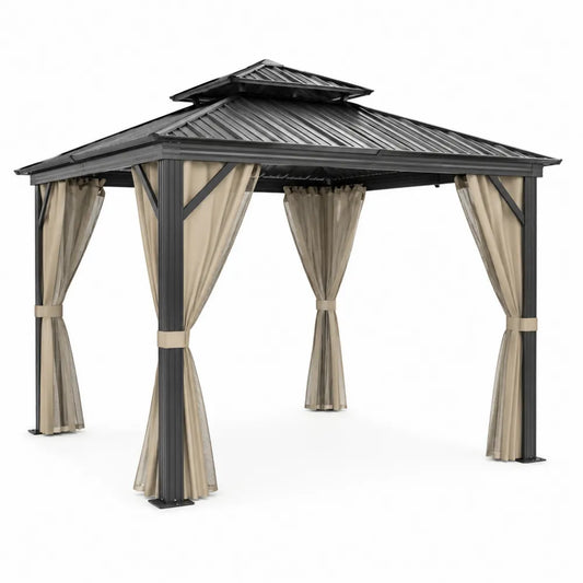 Gazebo in Alluminio con Tetto in Acciaio e Tende in Poliestere 3x3m