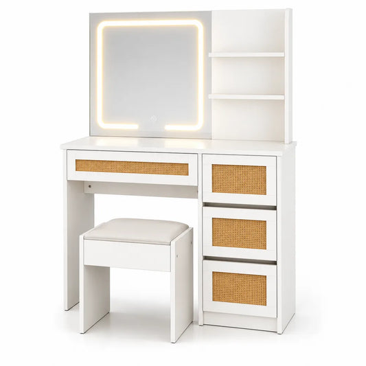 Tavolo da Toilette in Legno Bianco con Specchio LED e Cassetti in Rattan