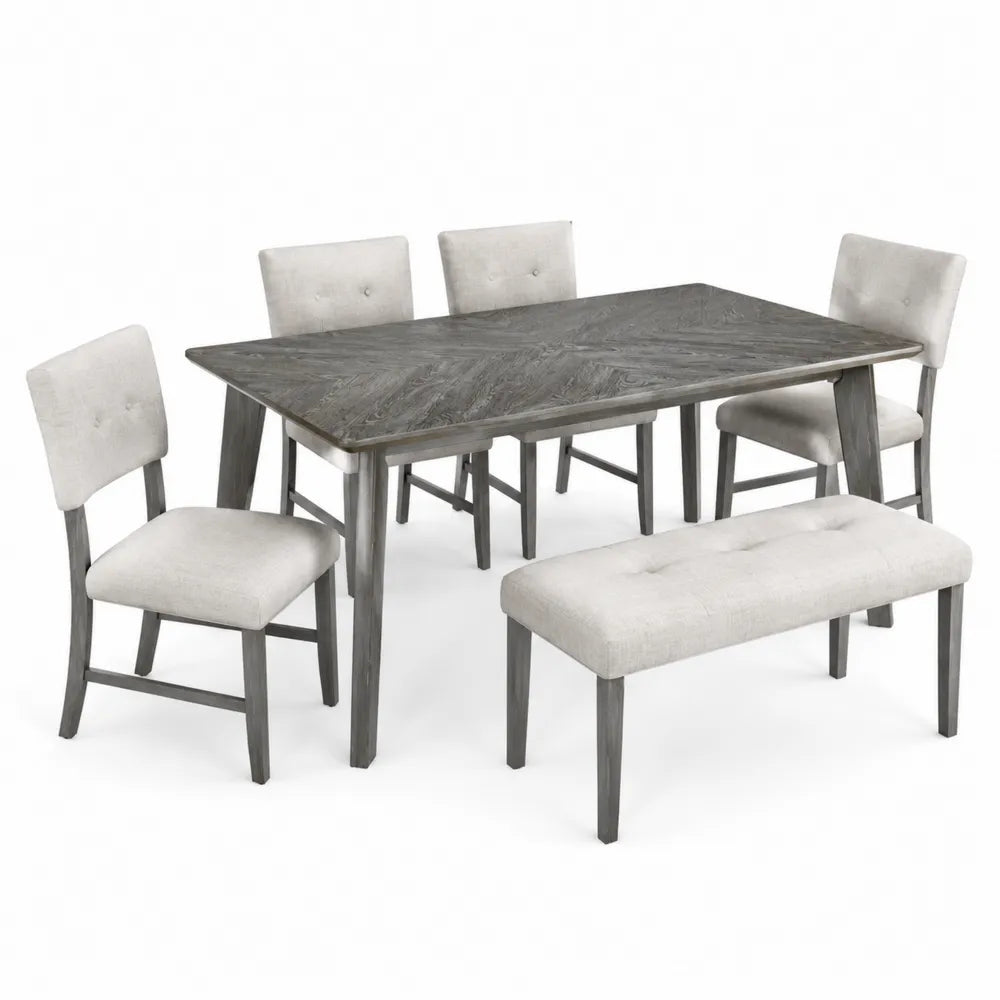 Set da pranzo in legno con sedie imbottite e panca