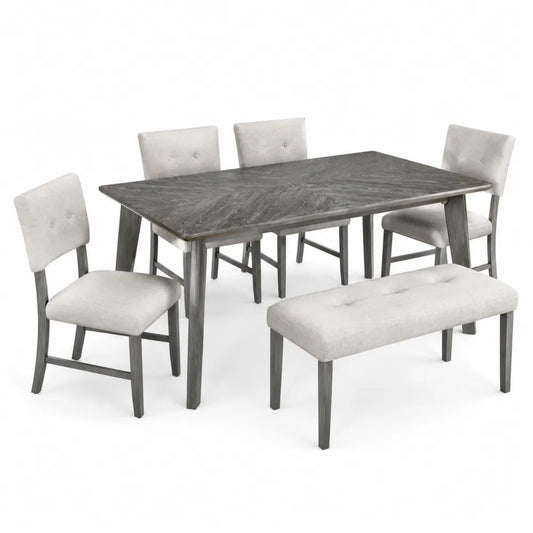 Set da pranzo in legno con sedie imbottite e panca