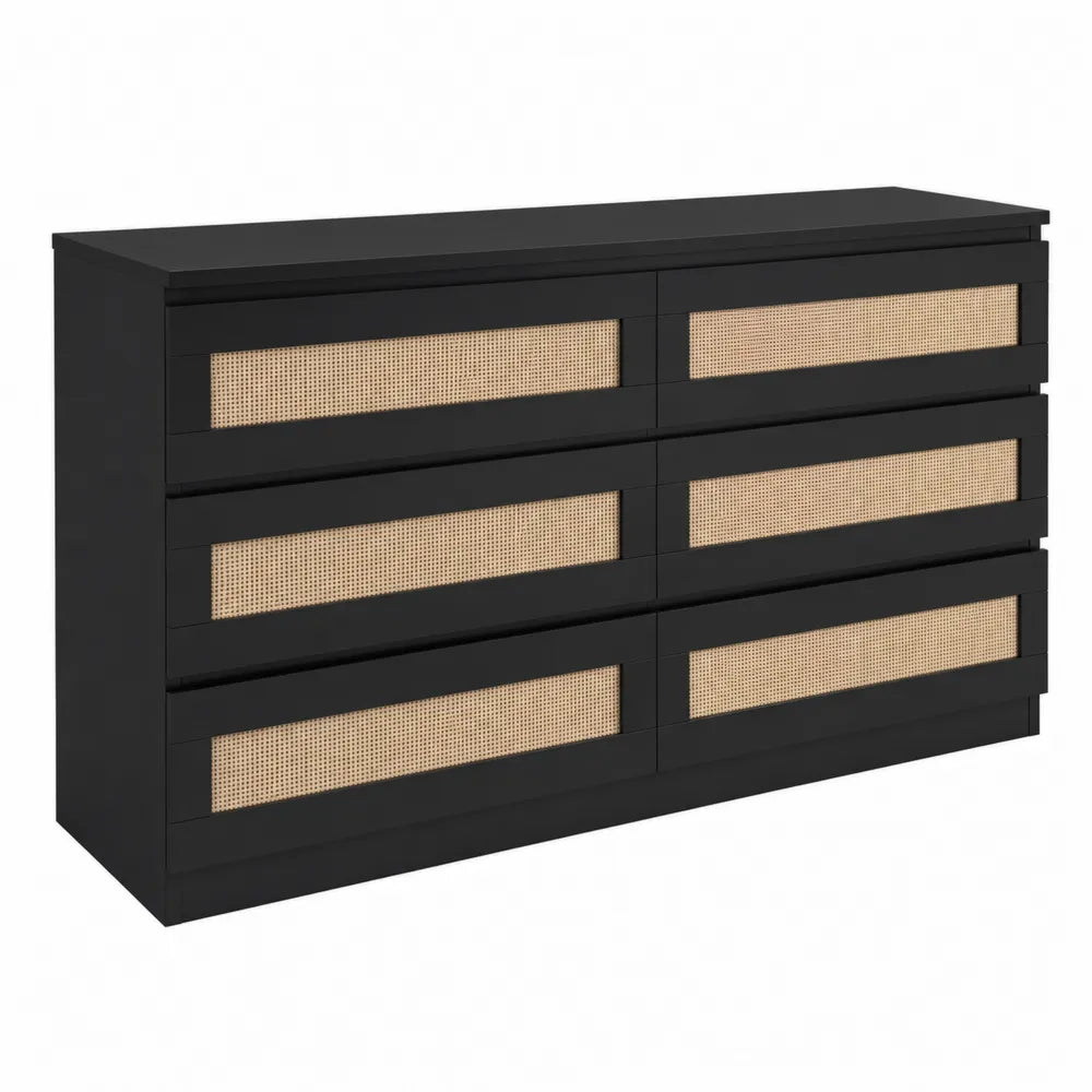 Cassettiera in legno nero con dettagli in rattan
