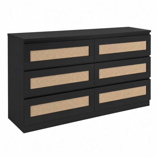 Cassettiera in legno nero con dettagli in rattan