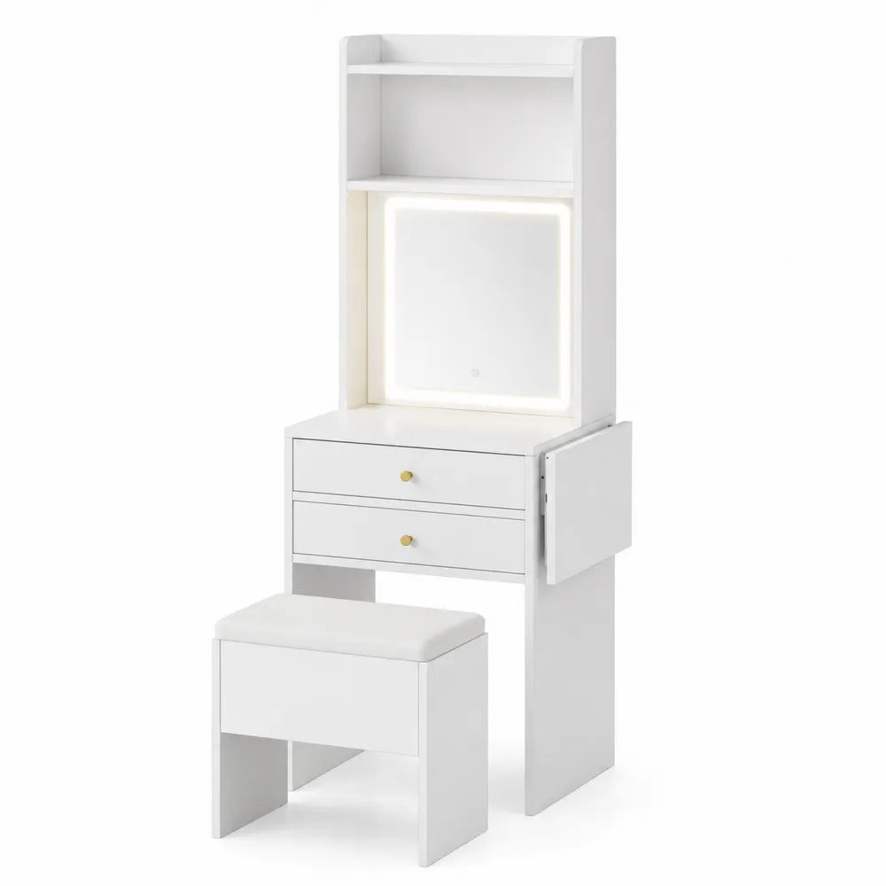 Tavolino da toeletta in legno MDF con specchio illuminato e sgabello bianco