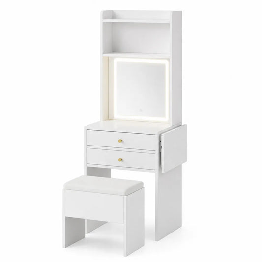 Tavolino da toeletta in legno MDF con specchio illuminato e sgabello bianco