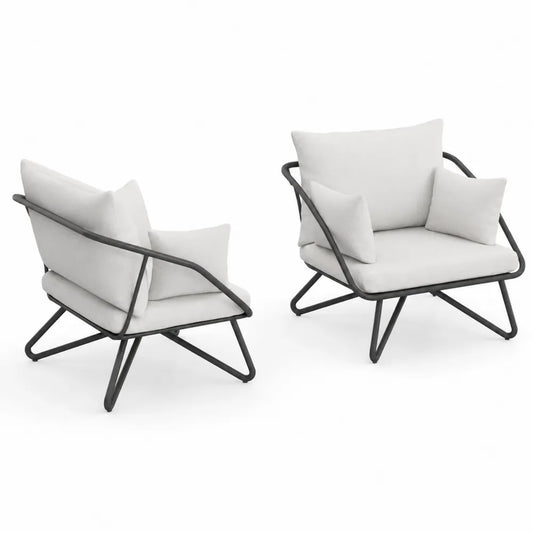 Set di 2 Poltrone da Esterno in Metallo con Cuscini, Grigio e Bianco