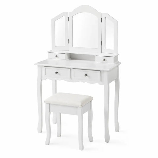 Toilette in Legno con Specchio Triplo e Sgabello in Tessuto Bianco